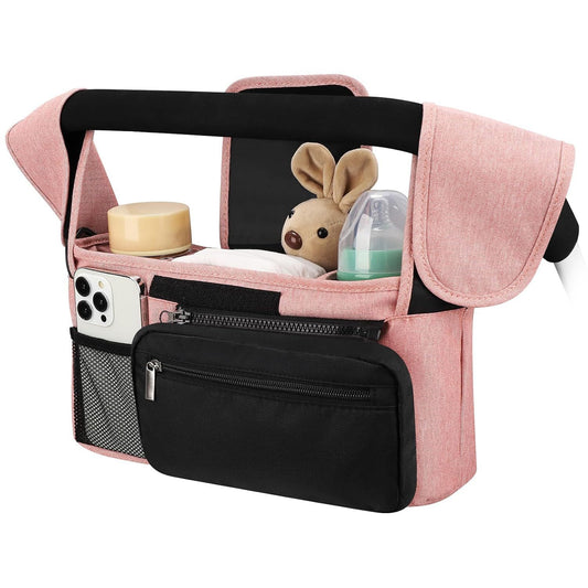 Pink and Black Stitching Universal Stroller Organiser Caddy with Insulated Cup Holders and Detachable Wristlet