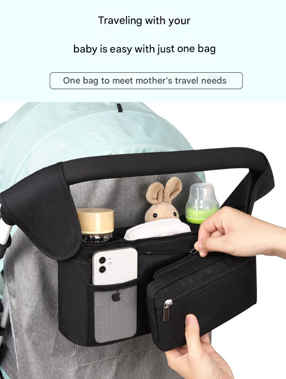 Pink and Black Stitching Universal Stroller Organiser Caddy with Insulated Cup Holders and Detachable Wristlet