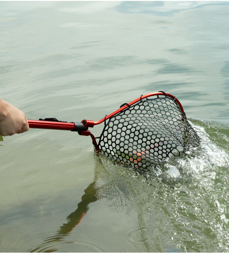 Red High Strength Large Landing Net - Fishing Net with Foldable Handle and Soft Rubber Netting, Dip Net for Fishing, Ideal for Boat, Pier, River Angling