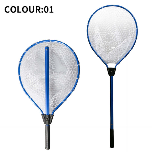 Blue High Strength Large Landing Net - Fishing Net with Long Foldable Handle and Soft Rubber Netting, Dip Net for Fishing, Ideal for Boat, Pier, River Angling
