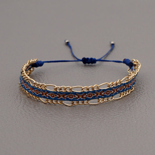 Blue Style Artisan Boho Beaded Bracelet - Handmade Woven Friendship Band with Gold-Plated Chain