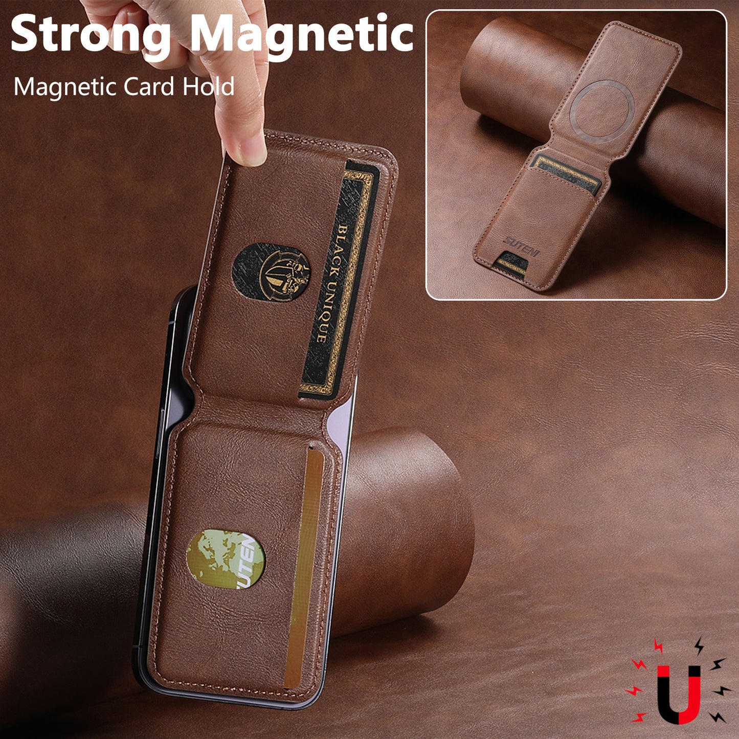Brown Slim Magnetic Wallet with Kickstand for MagSafe - PU Leather Card Holder