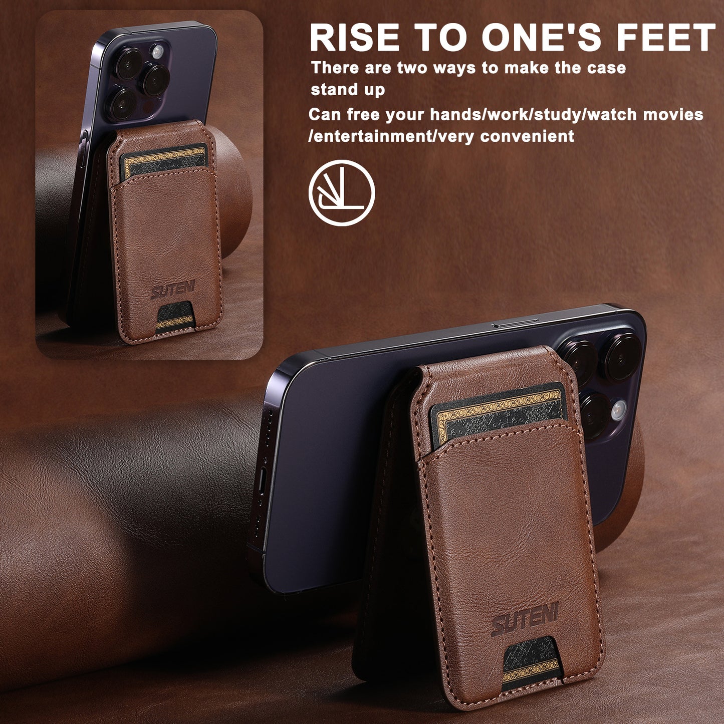 Brown Slim Magnetic Wallet with Kickstand for MagSafe - PU Leather Card Holder