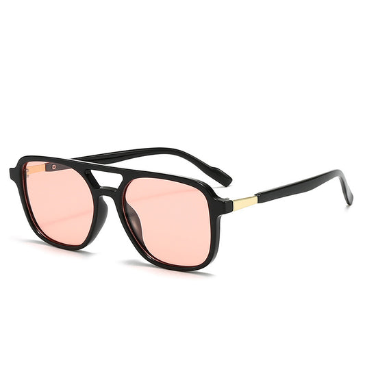 Black Frame with Translucent Pink Retro Double Bridge Square Frame Polarized Sunglasses - Driving Sun Protection Eyewear