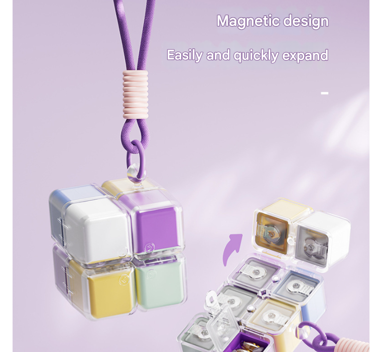 Purple 8-Grid Magic Cube Pill Box with Lanyard - Portable Weekly Sealed Tablet Organizer & Dispenser