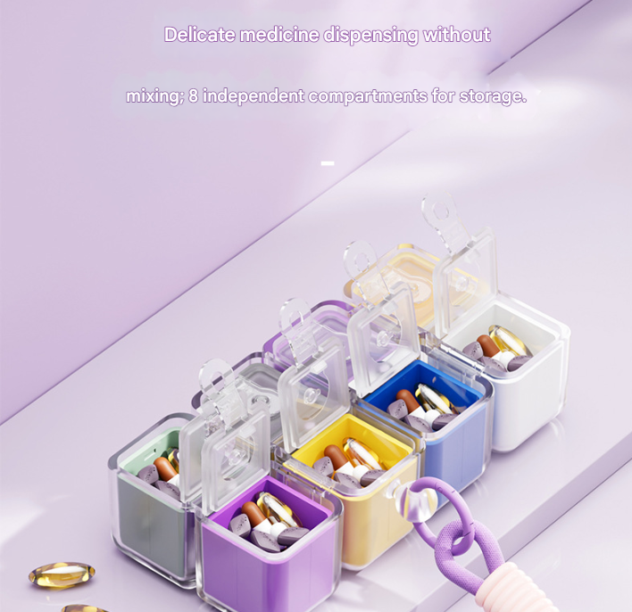 Purple 8-Grid Magic Cube Pill Box with Lanyard - Portable Weekly Sealed Tablet Organizer & Dispenser