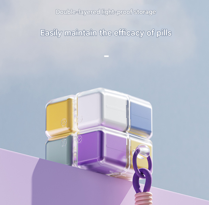 Purple 8-Grid Magic Cube Pill Box with Lanyard - Portable Weekly Sealed Tablet Organizer & Dispenser