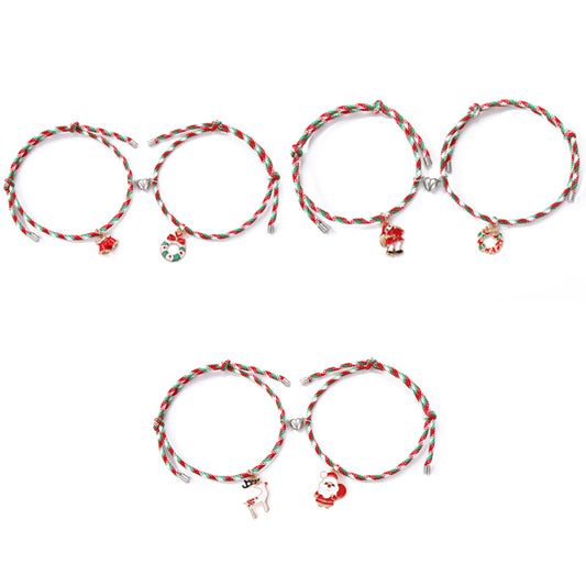 3 Pairs Cute Couple Bracelets - Magnetic Christmas & New Year Friendship Rope Bracelets with Charms (Adjustable, 9.3g)