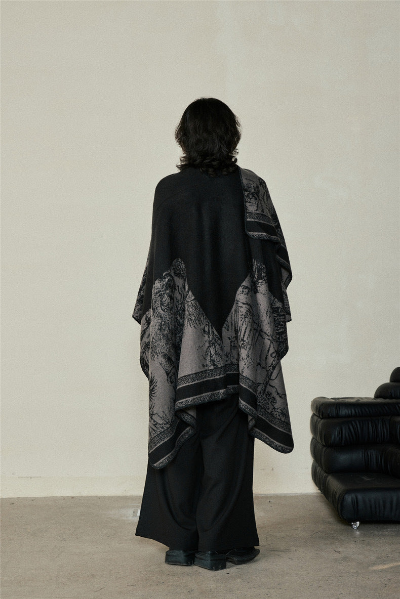 Faux Cashmere Shawl (Qingming Scroll Print) - Black Gray, 160*135cm