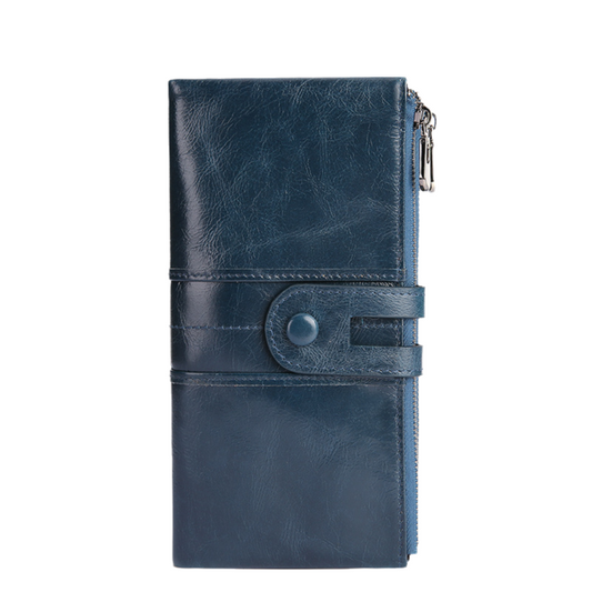 Blue Premium Leather Long Wallet Clutch Organizer 19x10x3cm - 15 Card Slots