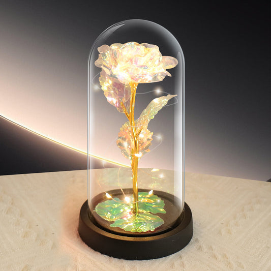 Colorful Rose LED Light – Black Clover Plastic Base,Battery Powered Flower Dome for Décor & Gifting
