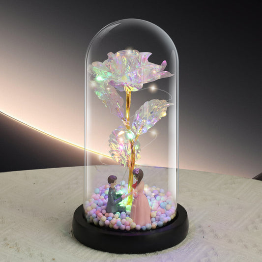 Proposal Couple Figurine Colorful Rose LED Light – Anniversary Flower Gift in Glass Dome for Her, Mom, or Girlfriend