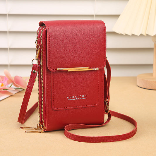 Red Women's Cute Mini PU Leather Crossbody Phone Bag (19x12x4cm) - Touch Screen Window, Vertical Style