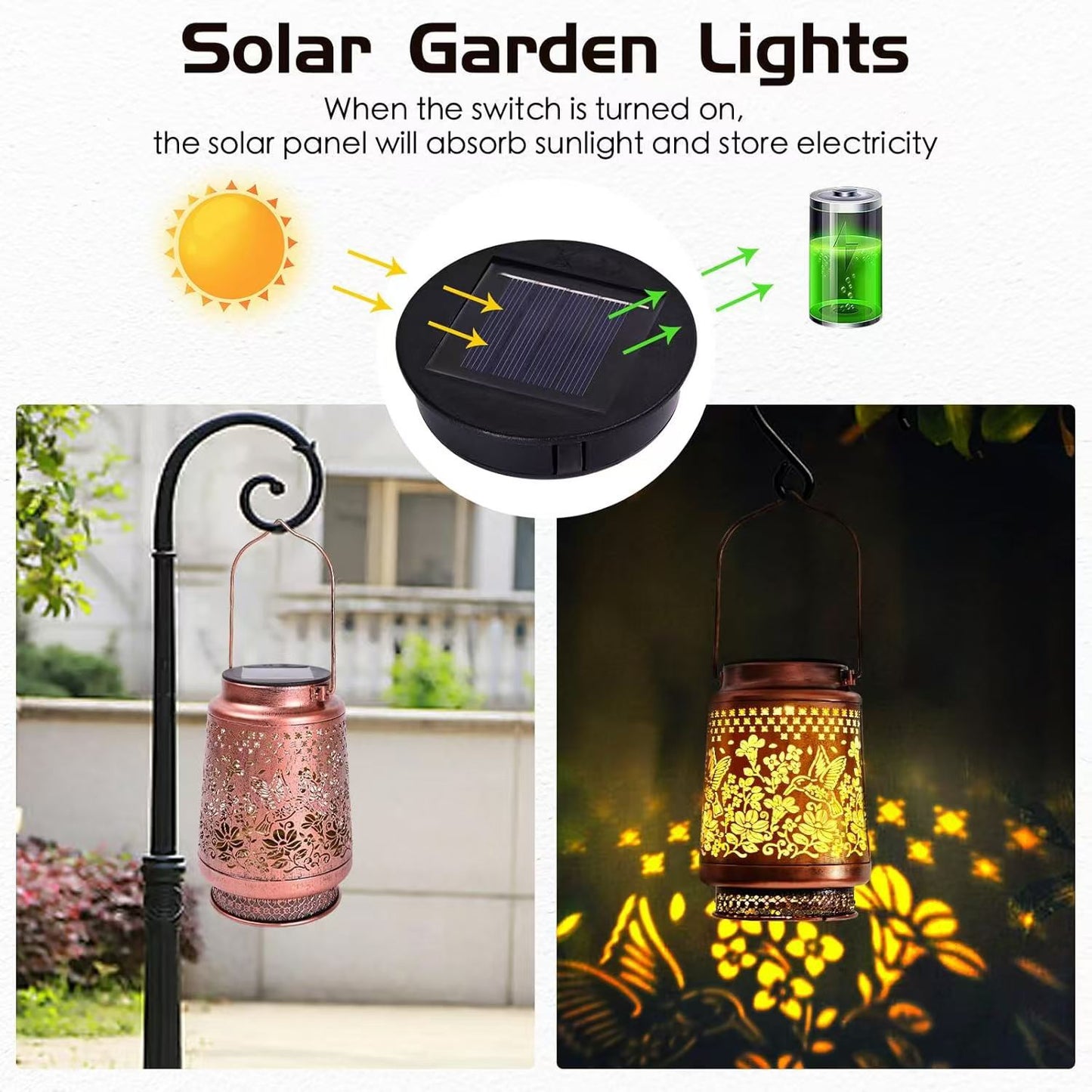 2-Pack Decorative Solar Hummingbird Lantern(11x11x17CM) - Waterproof Hanging Iron Art Outdoor Projection Light for Garden and Patio (Up to 12 Hrs Illumination)