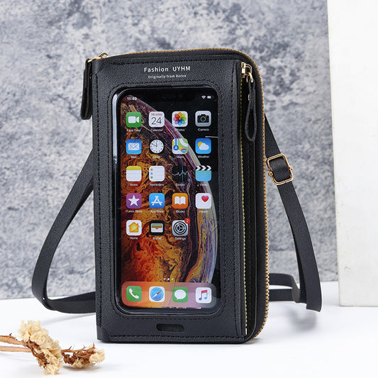 Two-Piece Black Set Anti-Theft Touch Screen Mini Crossbody Phone Bag for Women (20x11.5x4.5cm) - Multi-functional PU Leather Wallet Pouch