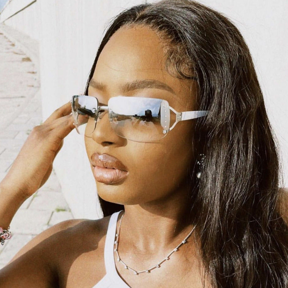 Y2K Rimless Butterfly UV400 Sunglasses for Women(Leopard/Brown) - Bling Rhinestone Square Frameless, Sweet & Cool Fashion