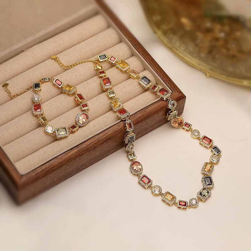 Gold Elegant Light Luxury Geometric Colorful Gemstone Bracelet (L: 16-21CM) - Copper Cuban Chain Cuff