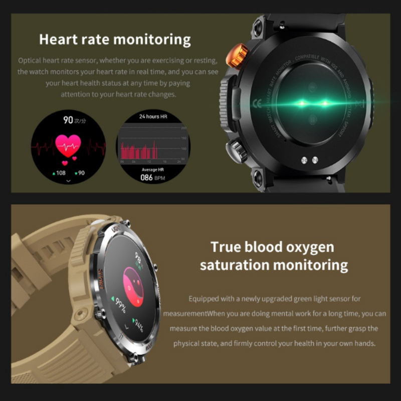 HT17 Khaki Outdoor Rugged Sports Smartwatch with Bluetooth Calling - 7-Day Battery, IP68 Waterproof, Multi-Health Monitor & Fitness Tracking