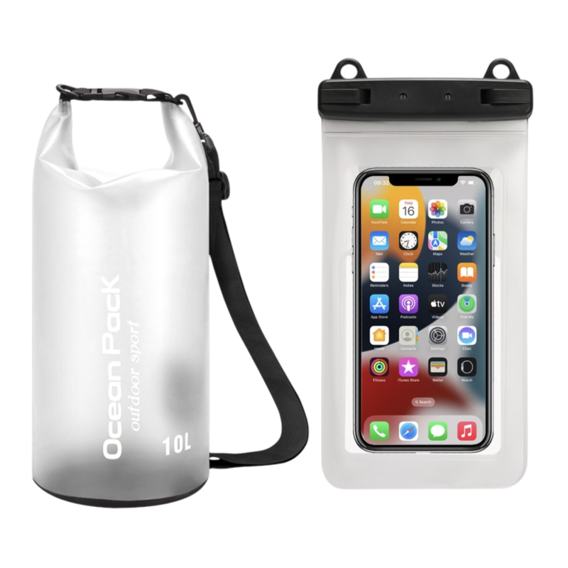 White 10L PVC Waterproof Swimming Bag Bonus with Waterproof Phone Pouch - Roll-Top Floating Dry Gear Bags for Beach, Kayaking & Outdoor Sports