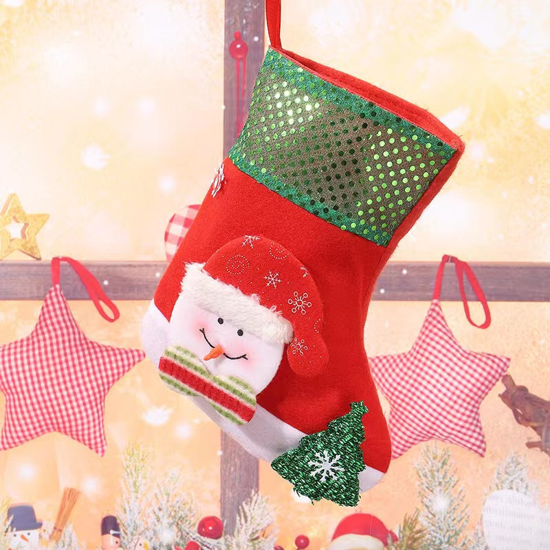 E4-3 Snowman Sequin Christmas Stocking(25x19CM) - Glitter Hanging Gift Bag for Tree Decor