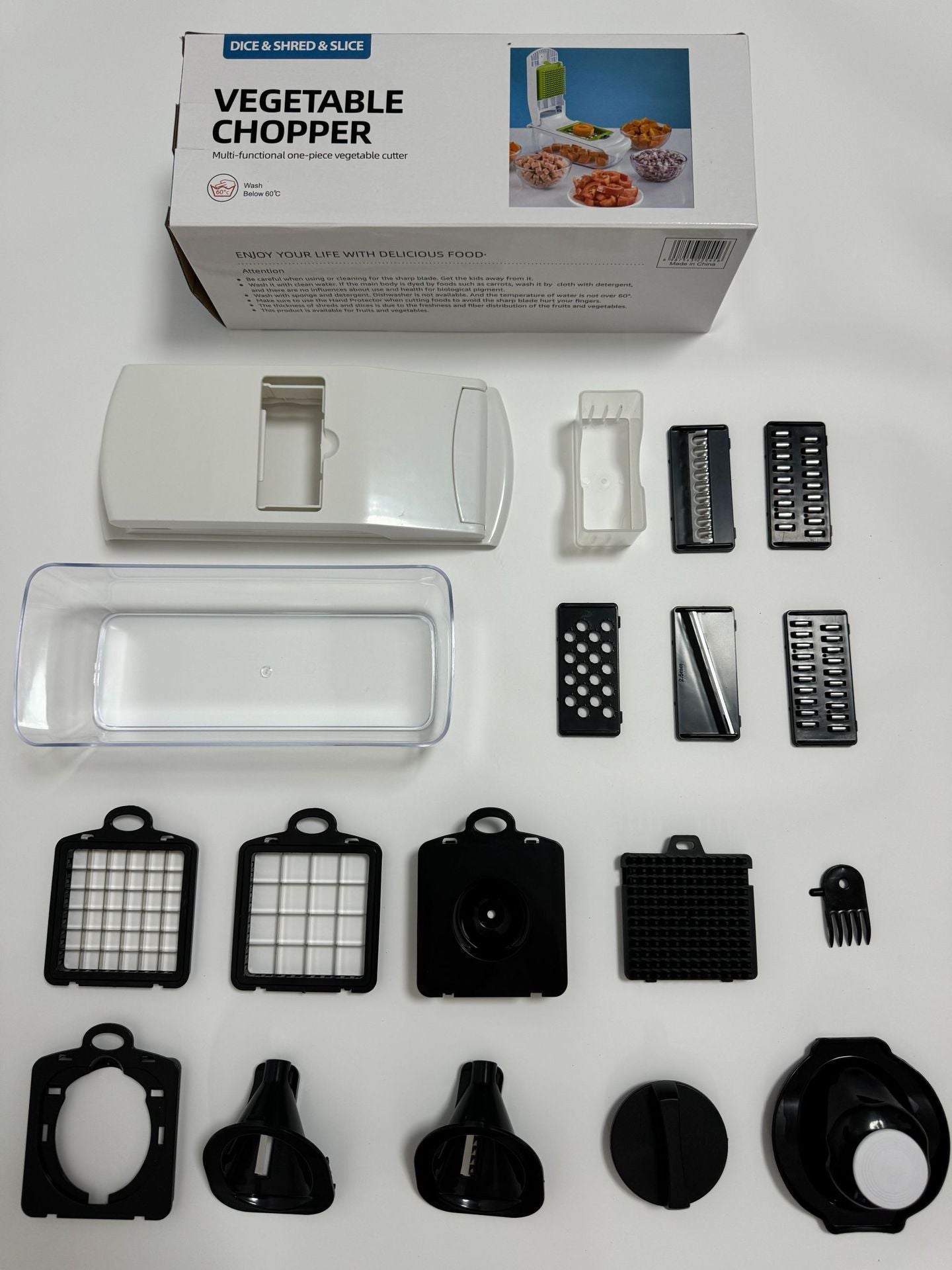 18-Piece Black-White Multi-Function Vegetable Chopper & Slicer Set - Rotary Grater with 5 Muti-Style Stainless Steel Blades for Home Kitchen