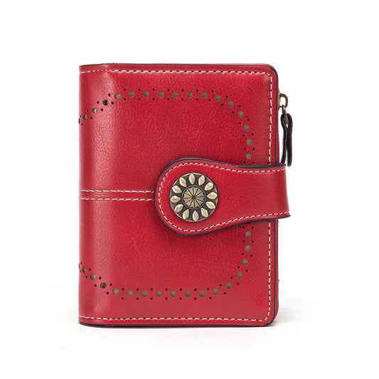 Red Korean Style Cutout Compact PU Leather Wallet - Women's Mini Bifold Purses with 8 Card Slots, 2 ID Window & Coin Zip Pocket