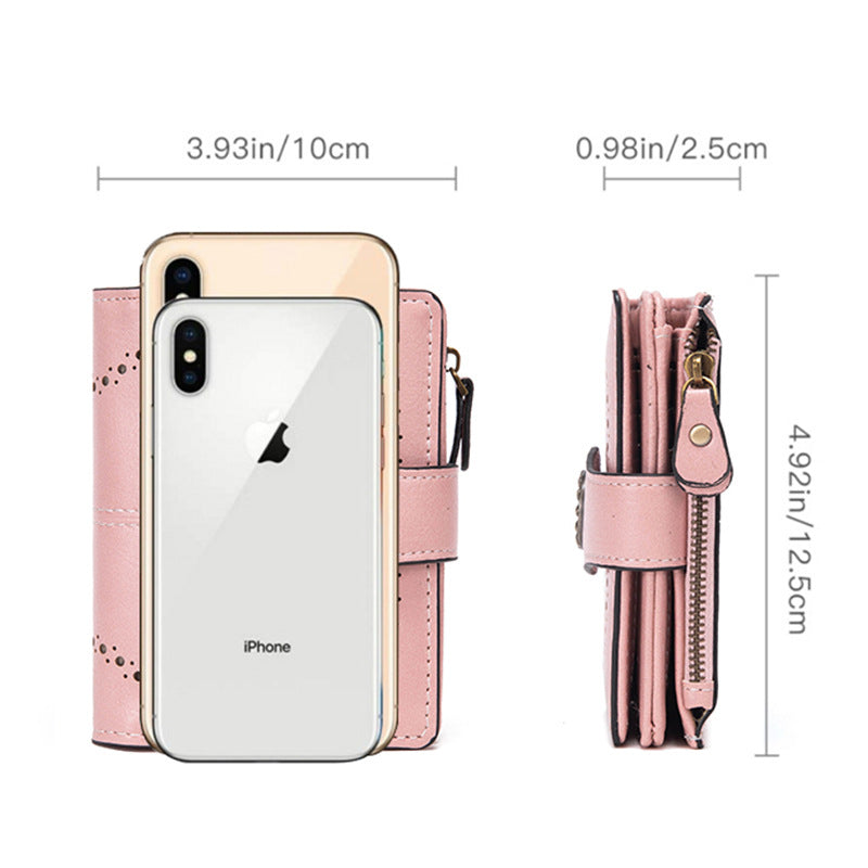 Pink Korean Style Cutout Compact PU Leather Wallet - Women's Mini Bifold Purses with 8 Card Slots, 2 ID Window & Coin Zip Pocket