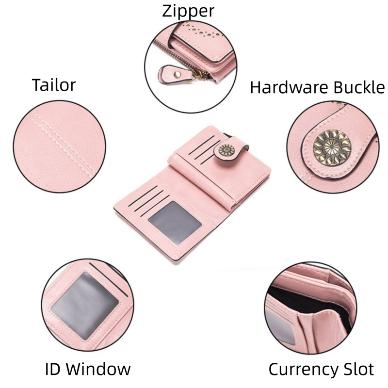 Dark Brown Korean Style Cutout Compact PU Leather Wallet - Women's Mini Bifold Purses with 8 Card Slots, 2 ID Window & Coin Zip Pocket