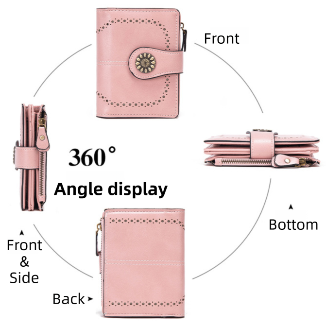 Dark Brown Korean Style Cutout Compact PU Leather Wallet - Women's Mini Bifold Purses with 8 Card Slots, 2 ID Window & Coin Zip Pocket