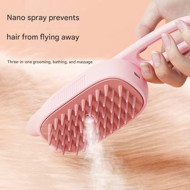 Pink Pet Spray Grooming Brush - 3-in-1 Steam Dematting Comb with Nano Mist for Cats & Dogs - Anti-Flying Hair & Massage