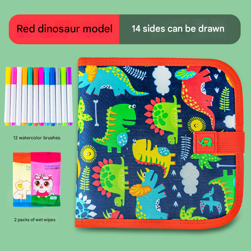 Red dinosaur Portable Reusable Drawing Board for Kids - erasable Doodle Book with Water Chalk Pens - Toddler Travel Activity Toy