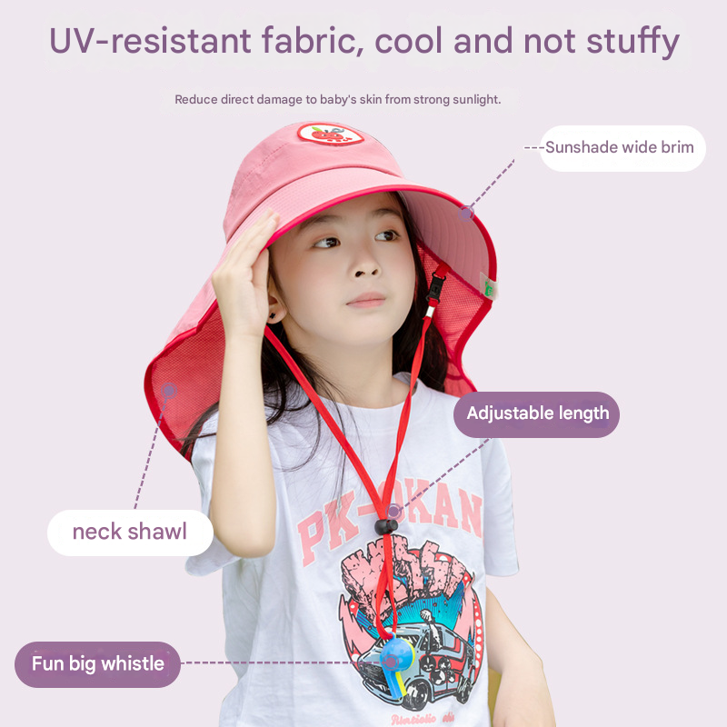 Grey Kids UV Protection Sun Hat - Breathable Wide Brim Bucket Hat with Neck Flap for Summer Beach & Outdoor Play