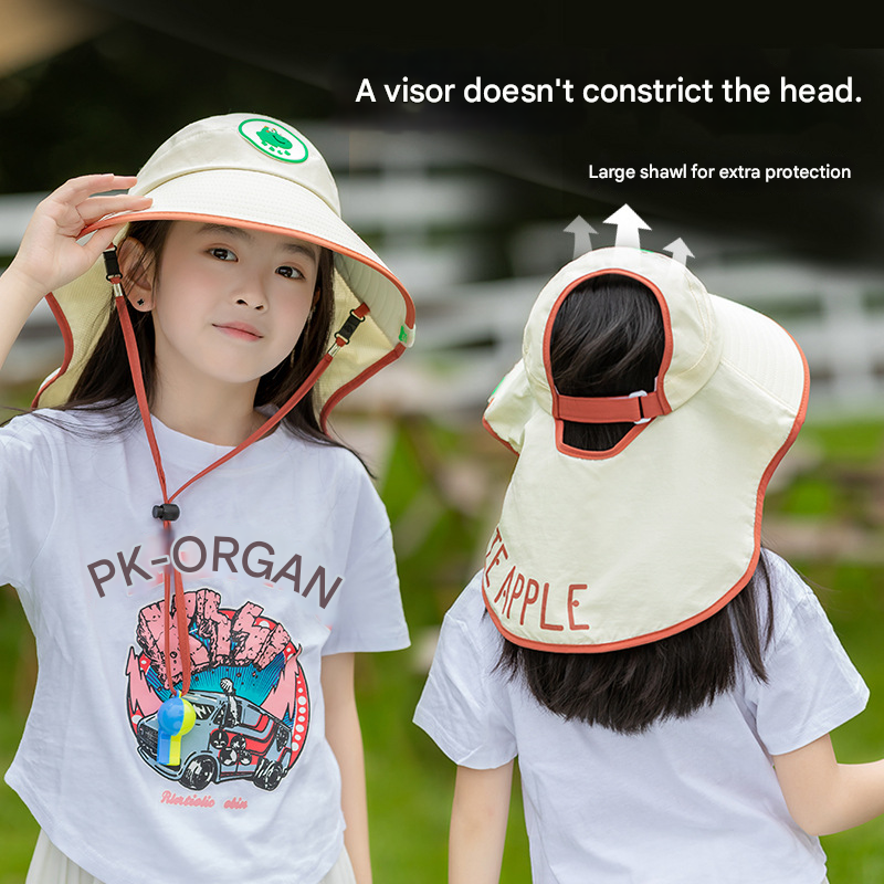 White Kids UV Protection Sun Hat - Breathable Wide Brim Bucket Hat with Neck Flap for Summer Beach & Outdoor Play