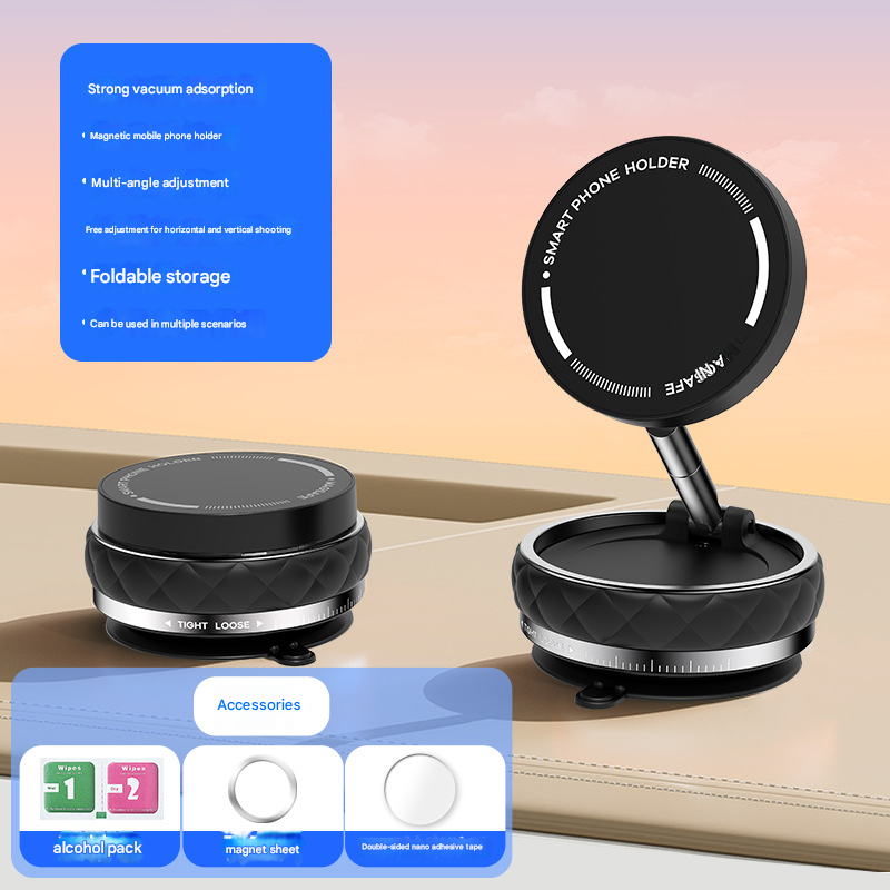 Black Foldable Magnetic Phone Holder with Vacuum Suction - Multi-Angle Adjustable Zinc Alloy Desktop Phone Stand - Portable & Stable for Desk, Car & Multi-Scenario Use