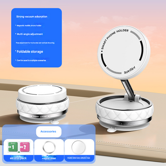 White Foldable Magnetic Phone Holder with Vacuum Suction - Multi-Angle Adjustable Zinc Alloy Desktop Phone Stand - Portable & Stable for Desk, Car & Multi-Scenario Use