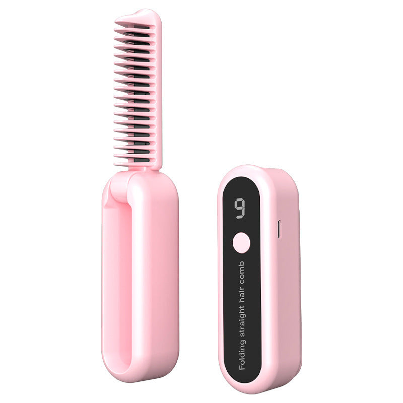 Pink Portable Foldable Cordless Hair Straightener Comb - 2-in-1 Ionic Styling for Smooth, Frizz-Free Hair