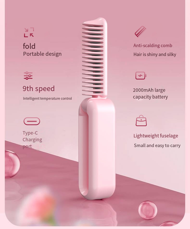 Purple Portable Foldable Cordless Hair Straightener Comb - 2-in-1 Ionic Styling for Smooth, Frizz-Free Hair