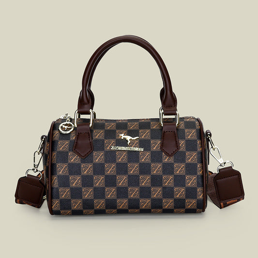 Brown checkered pattern Stylish PU Leather Boston Bag - Elegant Retro Single Shoulder Crossbody Handbag for Women