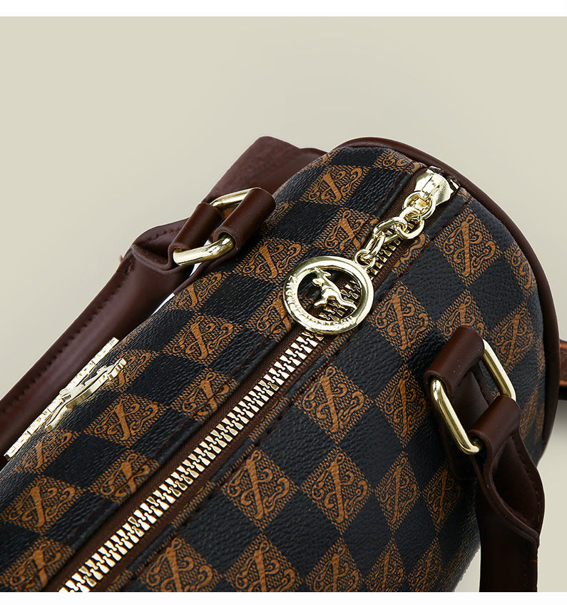 Brown checkered pattern Stylish PU Leather Boston Bag - Elegant Retro Single Shoulder Crossbody Handbag for Women