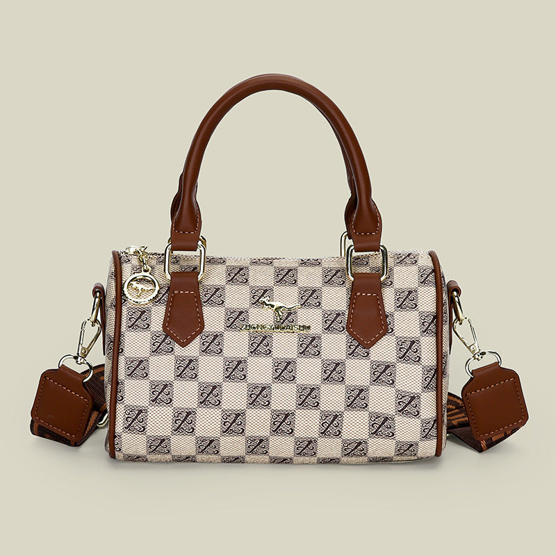 Khaki checkered pattern Stylish PU Leather Boston Bag - Elegant Retro Single Shoulder Crossbody Handbag for Women