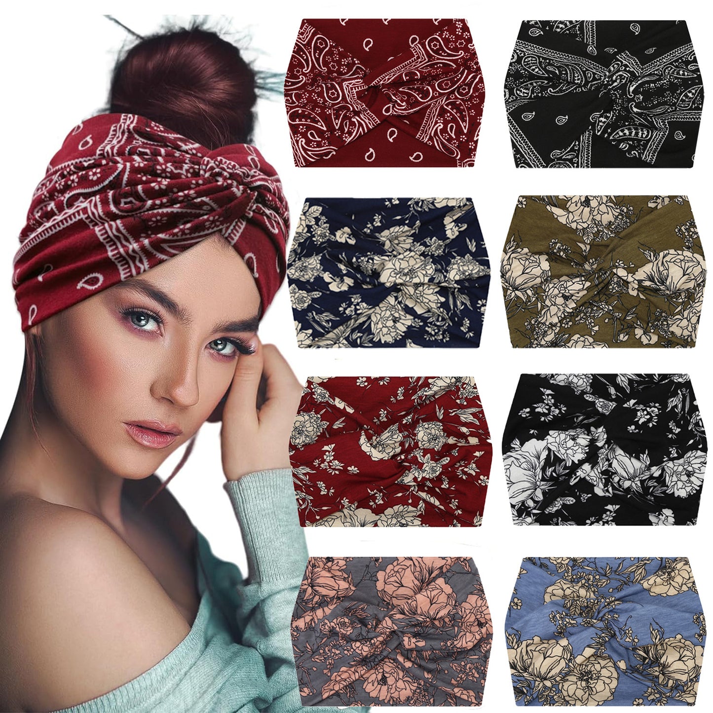 5-PCS Brown Women's Extra Wide Turban Headband - Elastic Yoga & Sports Hair Wrap