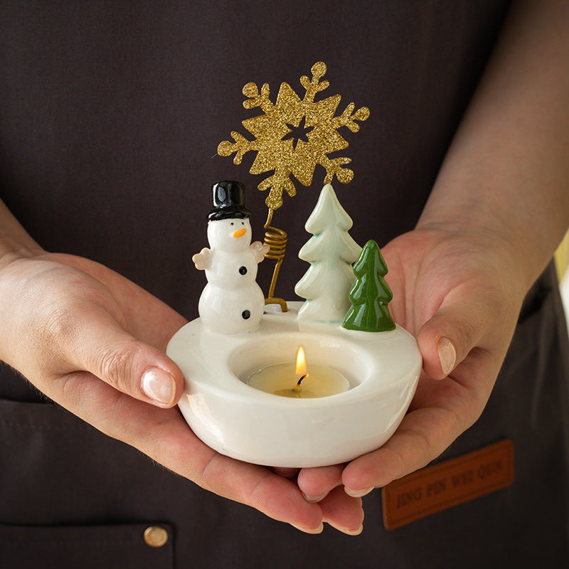 Snowman Star Style Elegant Ceramic Festive Tealight Candle Holder - Seasonal Home Decor Accent