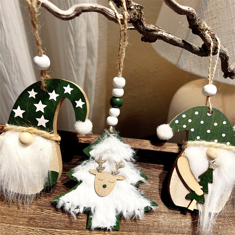 3-PCS The old man with green dots Christmas Ornaments Hanging Pendants Nordic Style Gnomes and Reindeer with Faux Fur and Beads for Xmas Tree Home Party Decoration