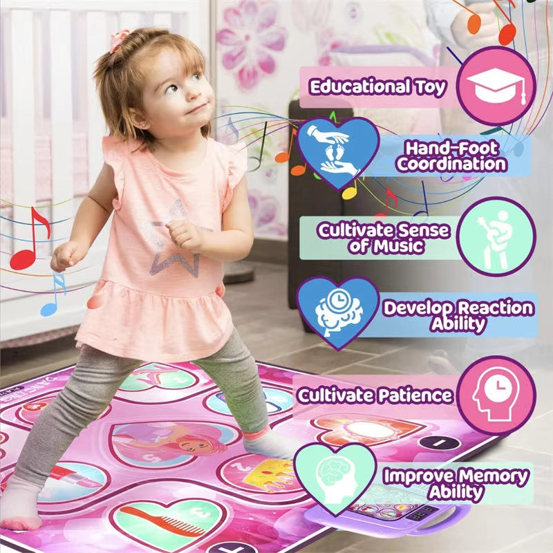 Kids Electronic Dance Mat Princess Theme Musical Rhythm Game with LED Lights Adjustable Volume Non-Slip Floor Playmat for Girls Age 3+