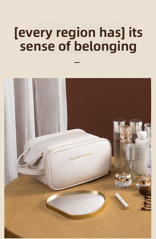 Black Large Capacity PU Leather Makeup Bag Dual Zipper Cosmetic Case Waterproof Travel Toiletry Organiser with Brush Compartment