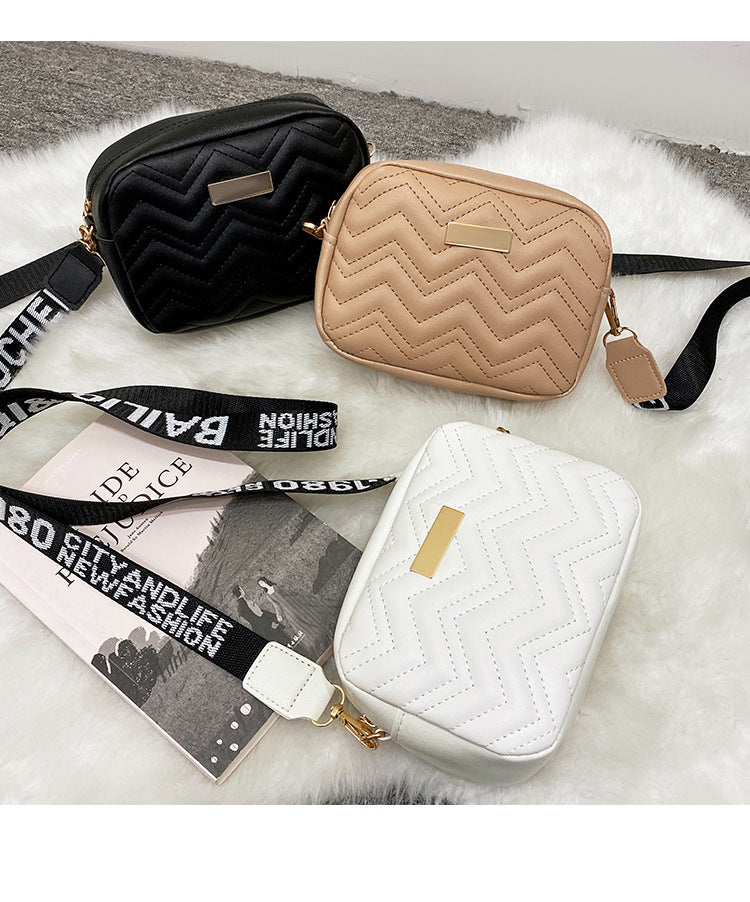 Women's Black Quilted Crossbody Bag Small PU Leather Shoulder Purse with Wide Patterned Strap Ideal for Travel and Daily Use