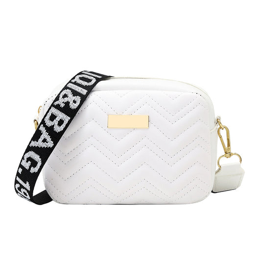 Women's White Quilted Crossbody Bag Small PU Leather Shoulder Purse with Wide Patterned Strap Ideal for Travel and Daily Use