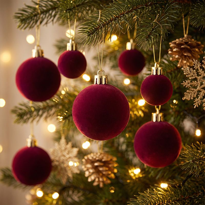 42 Piece Wine Red Flocked Christmas Baubles Set - Velvet Finish Tree Ornaments in 3 Sizes with Hanging Loops, Lightweight Festive Decorations in Gift Box