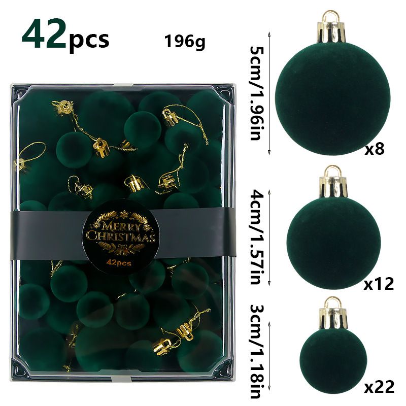 42 Piece Dark Green Flocked Christmas Baubles Set - Velvet Finish Tree Ornaments in 3 Sizes with Hanging Loops, Lightweight Festive Decorations in Gift Box