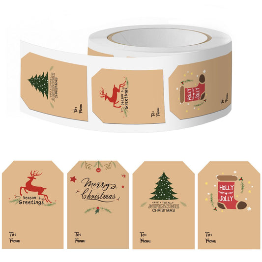 2 Rolls of 300 Pack Christmas Gift Tag Stickers - 4 Festive Designs Kraft Paper Self Adhesive Labels, Christmas Present Seals with To & From Writing Area
